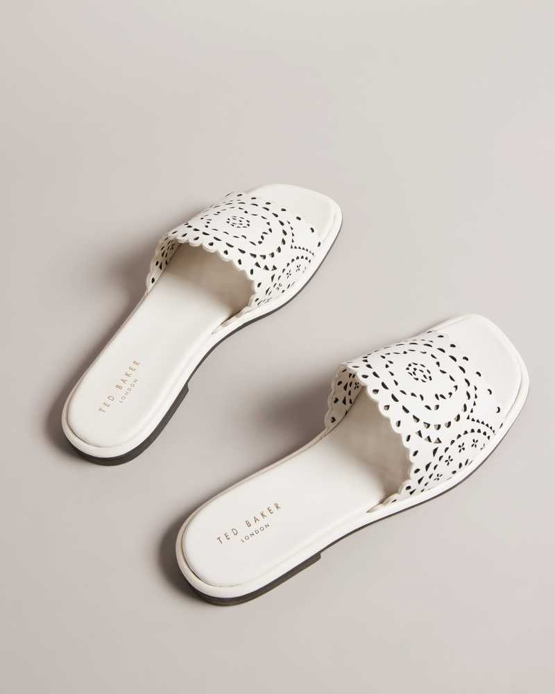 White Ted Baker Clovei Laser Cut Flat Sandals | ZA0001686