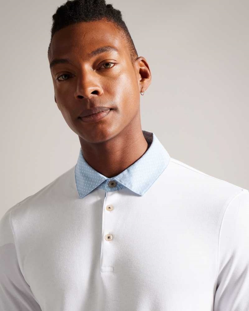 White Ted Baker Frend Short Sleeve Woven Collar Polo Shirt | ZA0000848