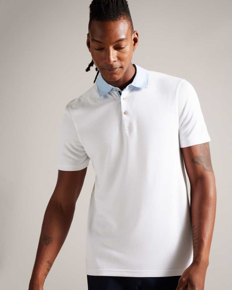 White Ted Baker Frend Short Sleeve Woven Collar Polo Shirt | ZA0000848