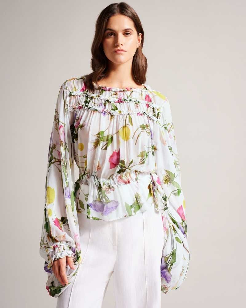 White Ted Baker Hewette Printed Blouse With Functional Waist Tie | ZA0001424