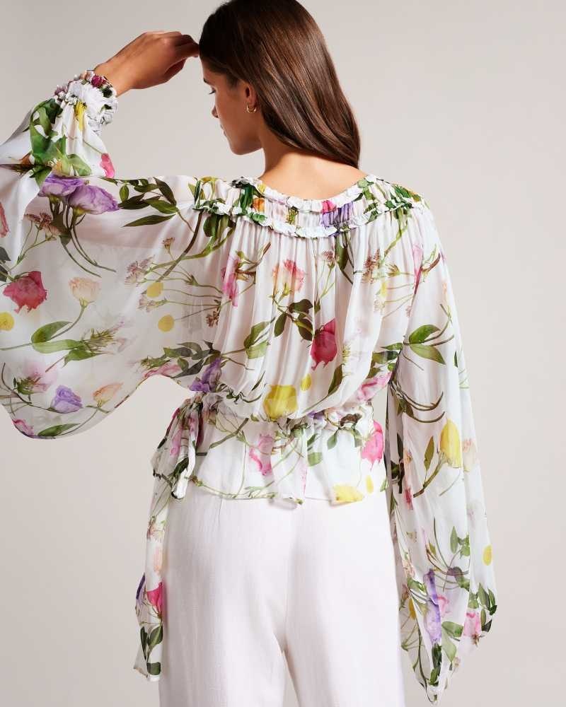 White Ted Baker Hewette Printed Blouse With Functional Waist Tie | ZA0001424