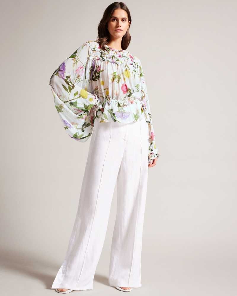 White Ted Baker Hewette Printed Blouse With Functional Waist Tie | ZA0001424