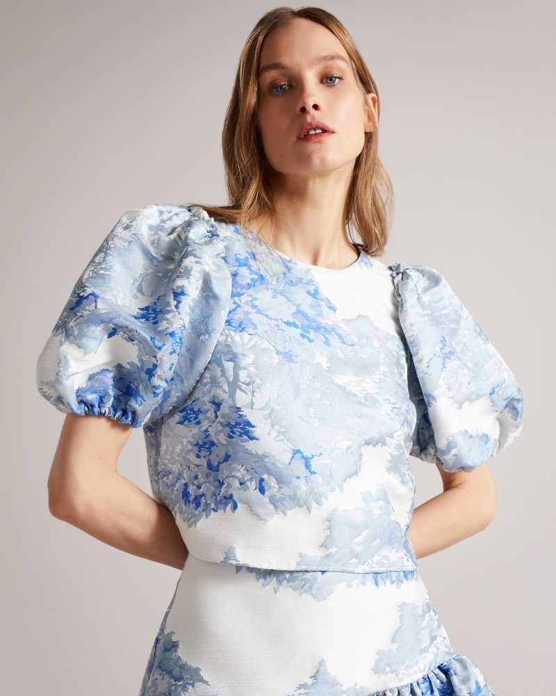 White Ted Baker Ivria Cropped Top With Puff Sleeve | ZA0001161