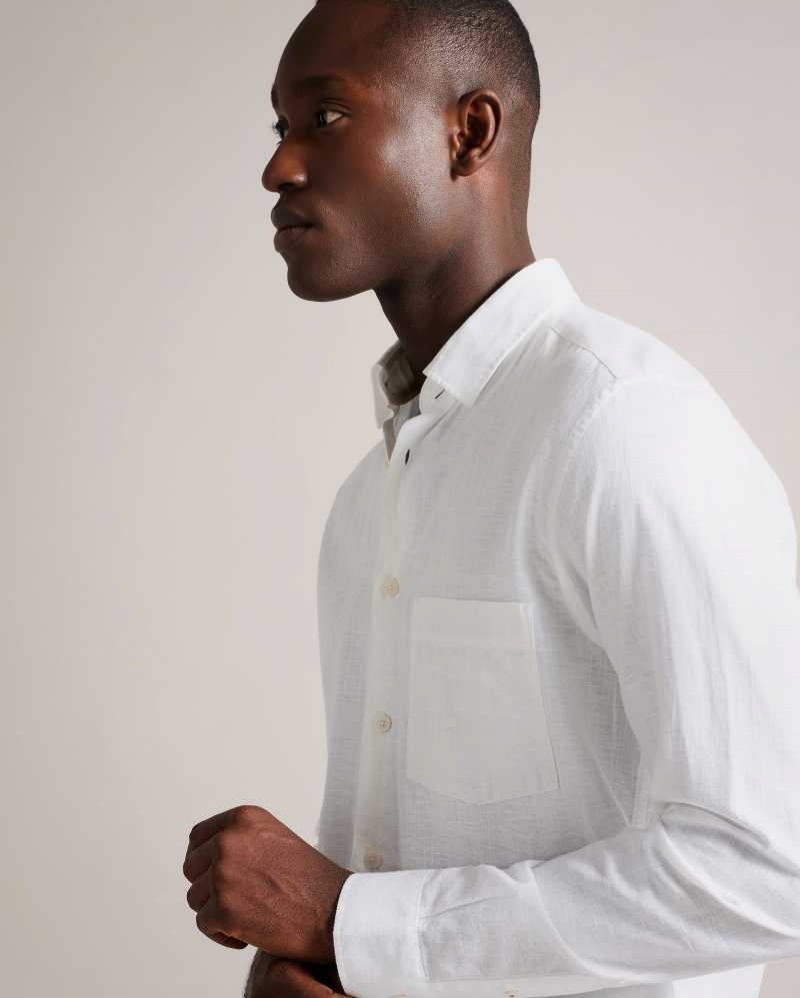 White Ted Baker Kingwel Long Sleeve Linen Blend Shirt | ZA0000995