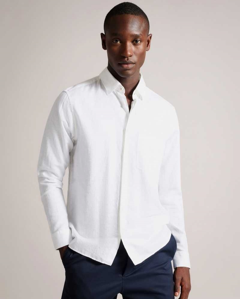 White Ted Baker Kingwel Long Sleeve Linen Blend Shirt | ZA0000995