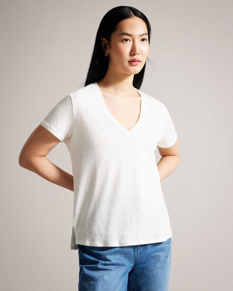 White Ted Baker Laliita V Neck Cotton And Linen T-Shirt | ZA0001238