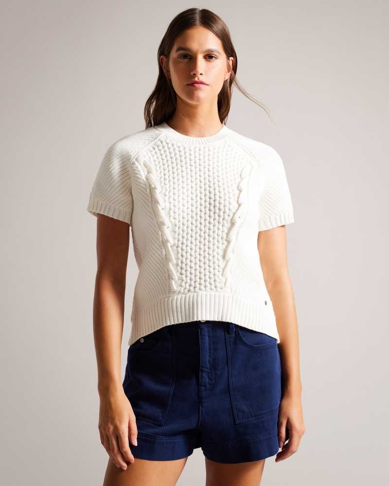 White Ted Baker Leiygh Short Sleeve Cable Knit Jumper | ZA0000779