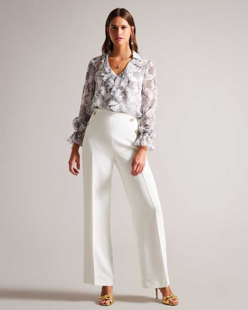 White Ted Baker Llaylat Embossed Button Wide Leg Trousers | ZA0001479