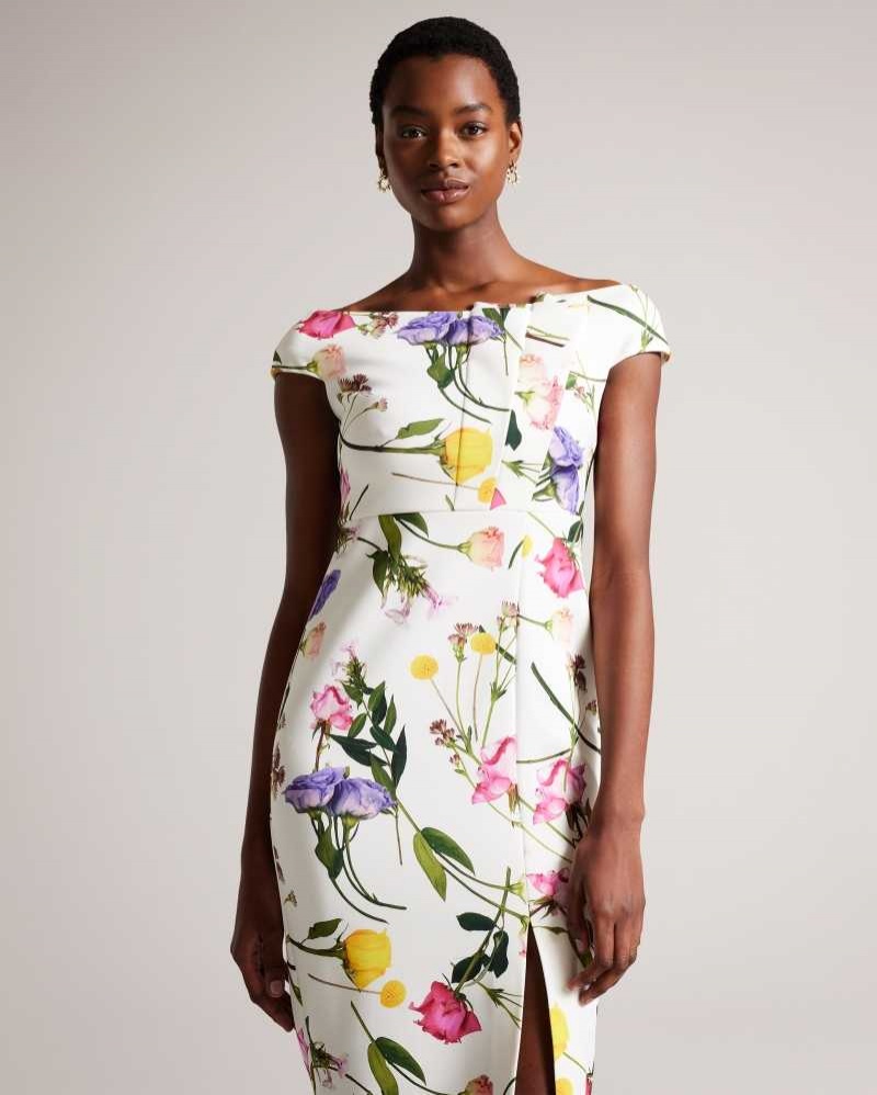 White Ted Baker Loveina Floral Bardot Bodycon Dress | ZA0000184