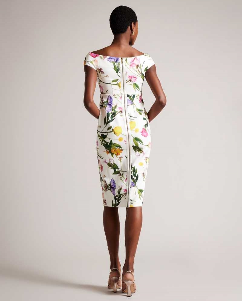 White Ted Baker Loveina Floral Bardot Bodycon Dress | ZA0000184