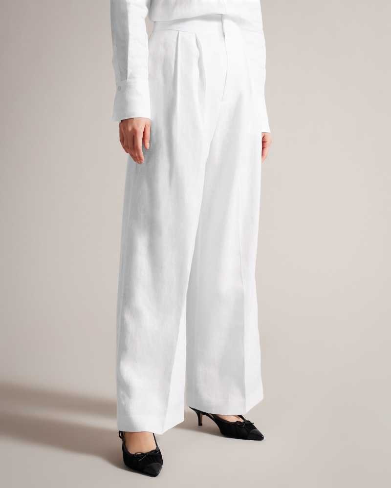 White Ted Baker Lucihh Tailored Linen Wide Leg Trousers | ZA0001467