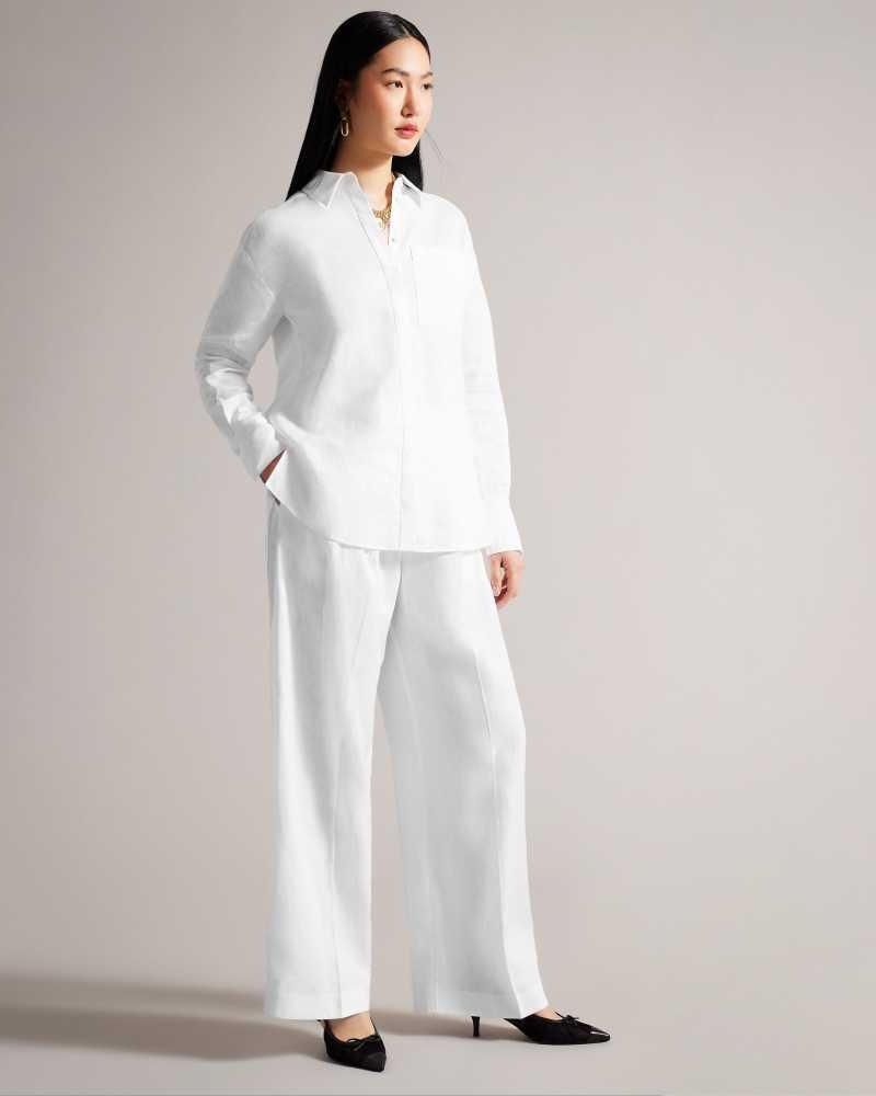 White Ted Baker Lucihh Tailored Linen Wide Leg Trousers | ZA0001467