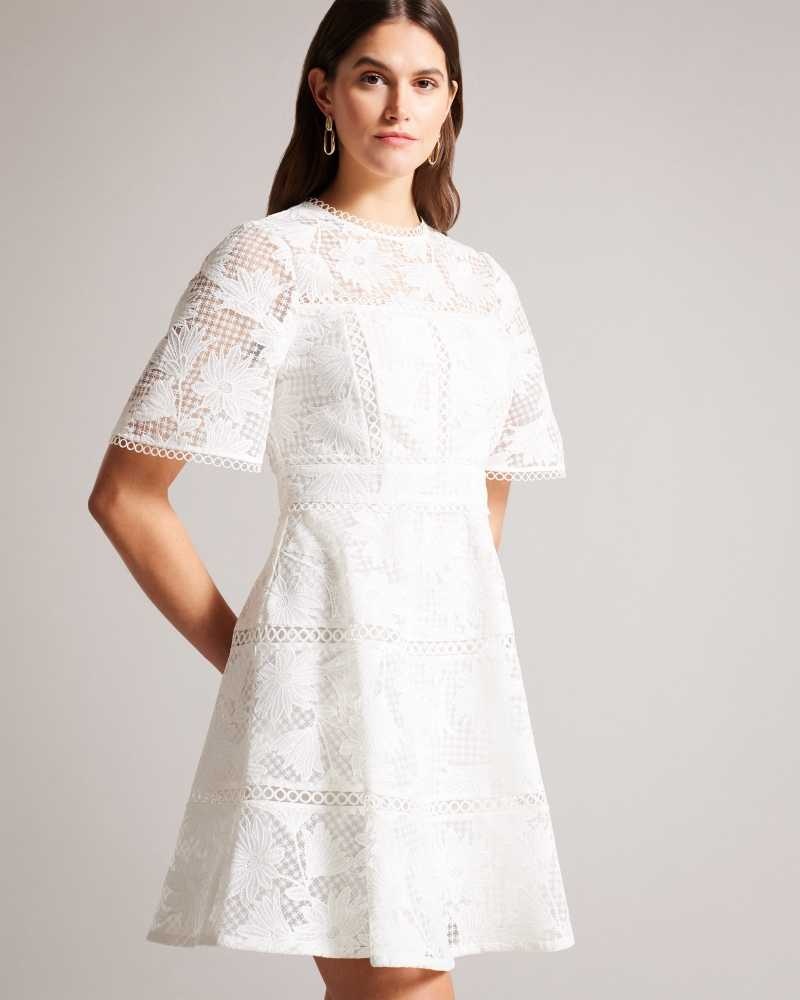 White Ted Baker Lydiiha Mini Fit And Flare Lace Dress | ZA0000150