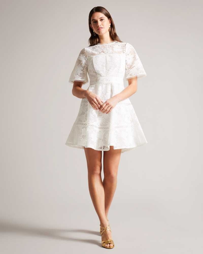 White Ted Baker Lydiiha Mini Fit And Flare Lace Dress | ZA0000150