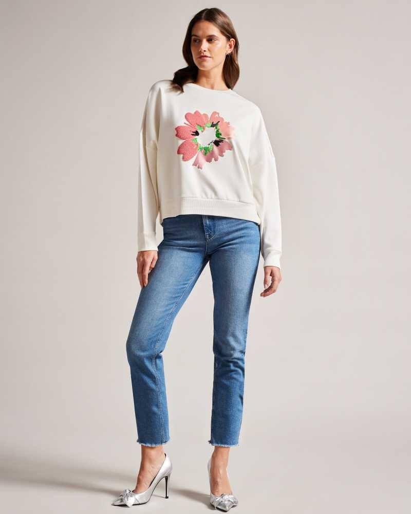 White Ted Baker Marene Textured Flower Graphic Jumper | ZA0000783