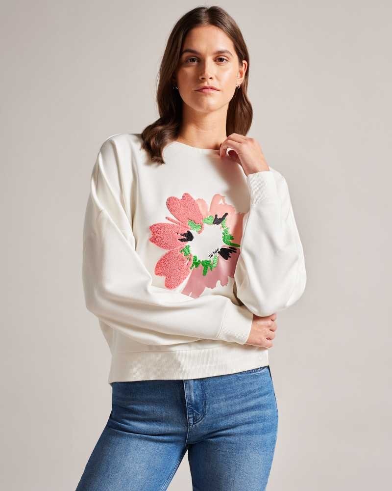 White Ted Baker Marene Textured Flower Graphic Jumper | ZA0000783