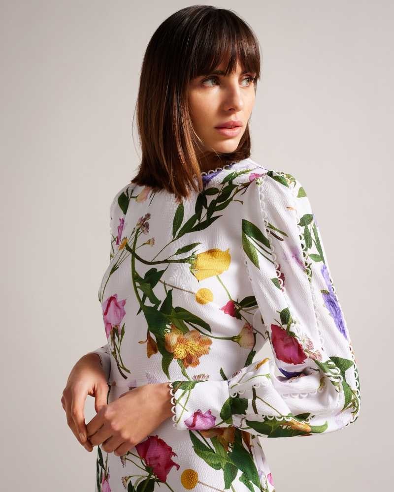 White Ted Baker Marggoh Blouson Sleeve Floral Maxi Dress | ZA0000235