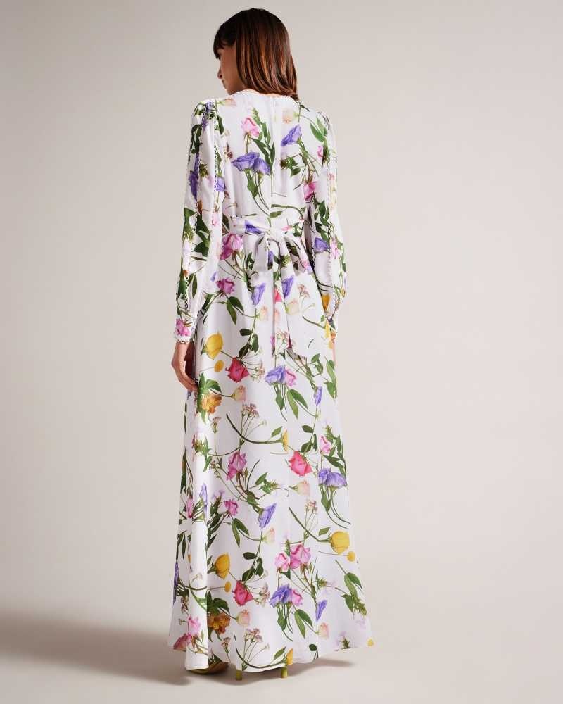 White Ted Baker Marggoh Blouson Sleeve Floral Maxi Dress | ZA0000235