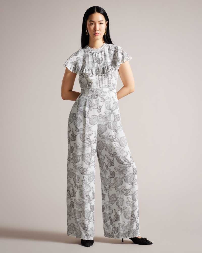 White Ted Baker Marlih Cape Jumpsuit With Ladder Lace Details | ZA0001469