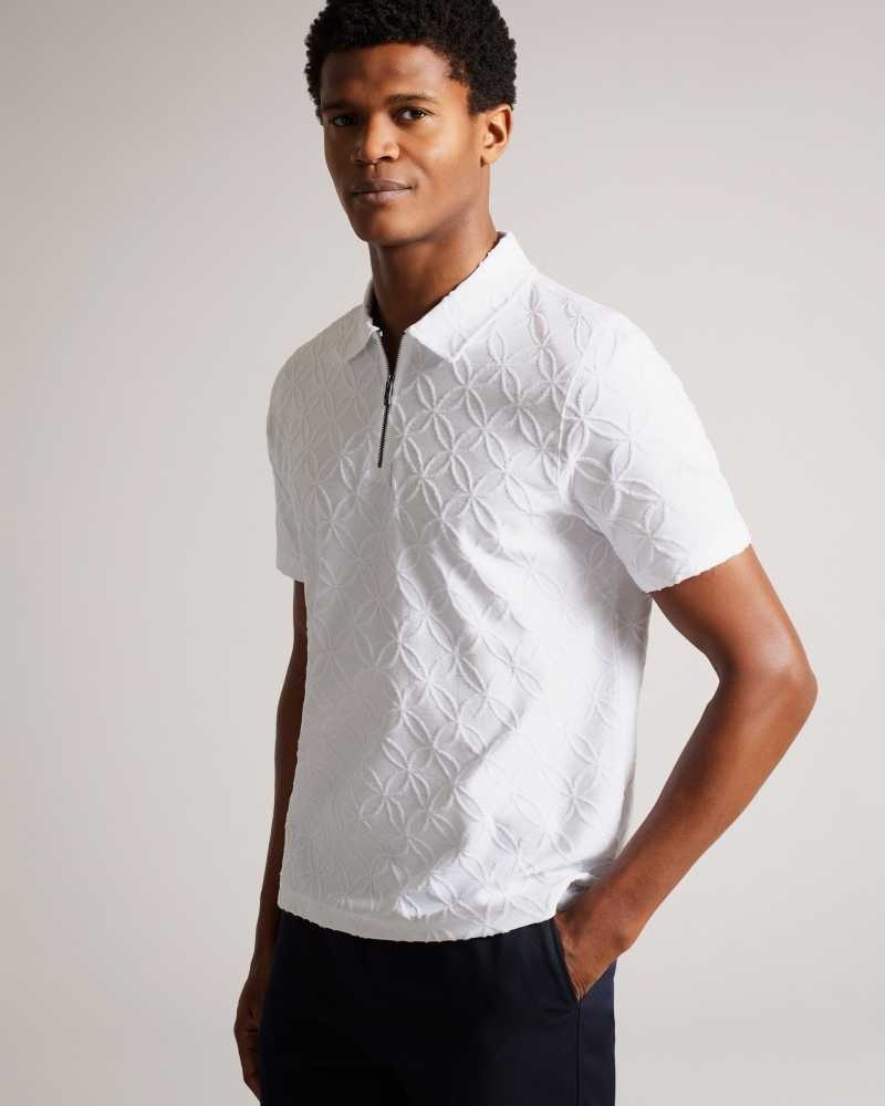 White Ted Baker Maroc Short Sleeve Zip Jacquard Polo Shirt | ZA0000932