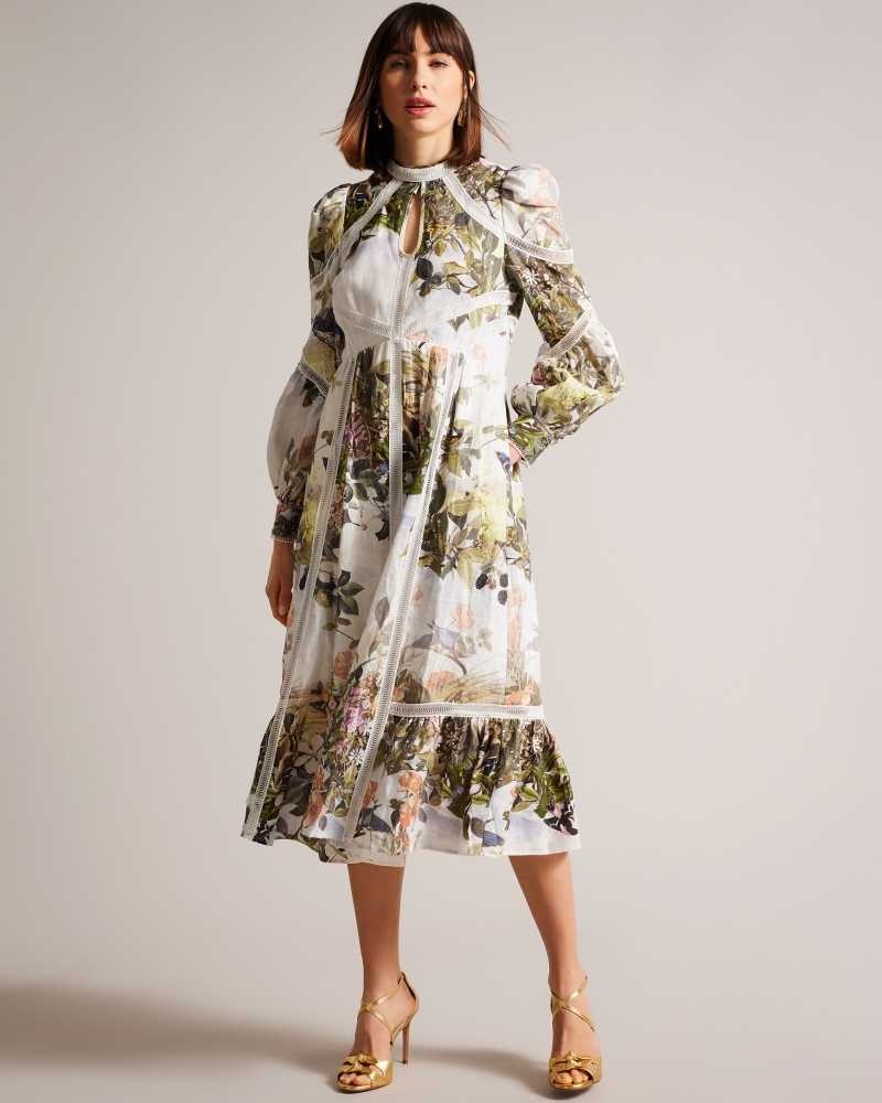 White Ted Baker Maylily High Neck Botanical Dress With Ladder Lace Inserts | ZA0000105