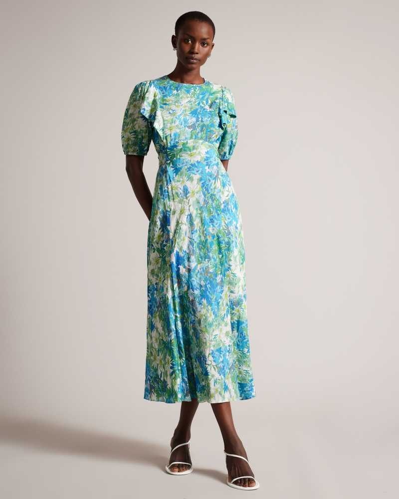 White Ted Baker Nicciey Floral Puff Sleeve Midaxi Dress | ZA0000239