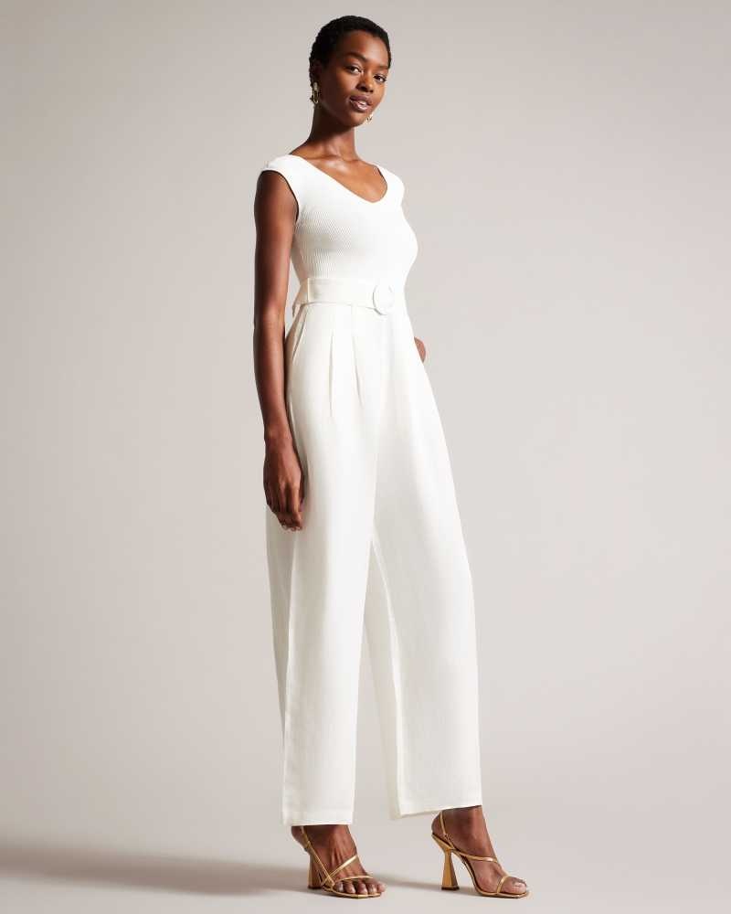 White Ted Baker Tabbiaa Knitted Bodice Wide Leg Jumpsuit | ZA0001460