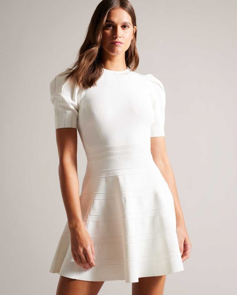 White Ted Baker Velvey Puff Sleeve Dress With Engineered Skirt | ZA0000176